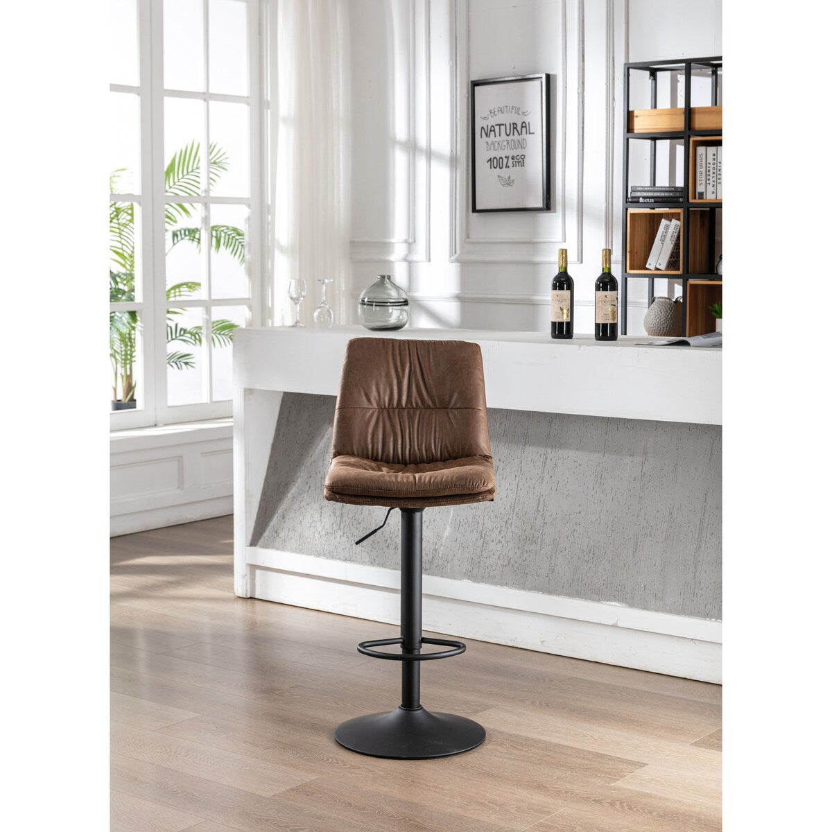 Set of 2, Hight Adjustable Upholstered Swivel Barstools with Ergonomic Backrest, Footrest and Black Metal Leg