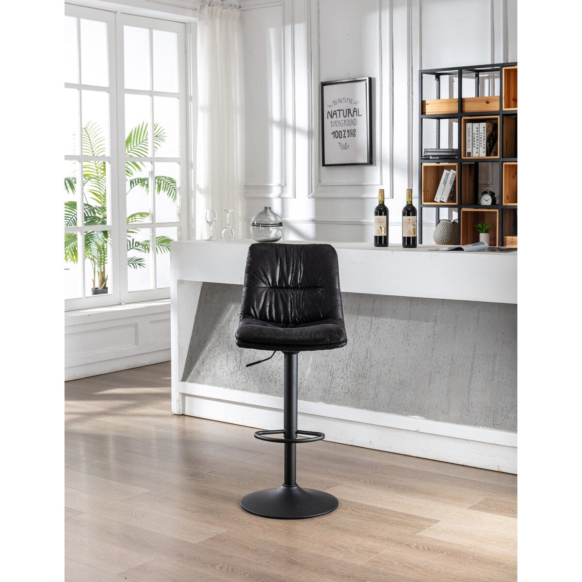 Set of 2, Hight Adjustable Upholstered Swivel Barstools with Ergonomic Backrest, Footrest and Black Metal Leg