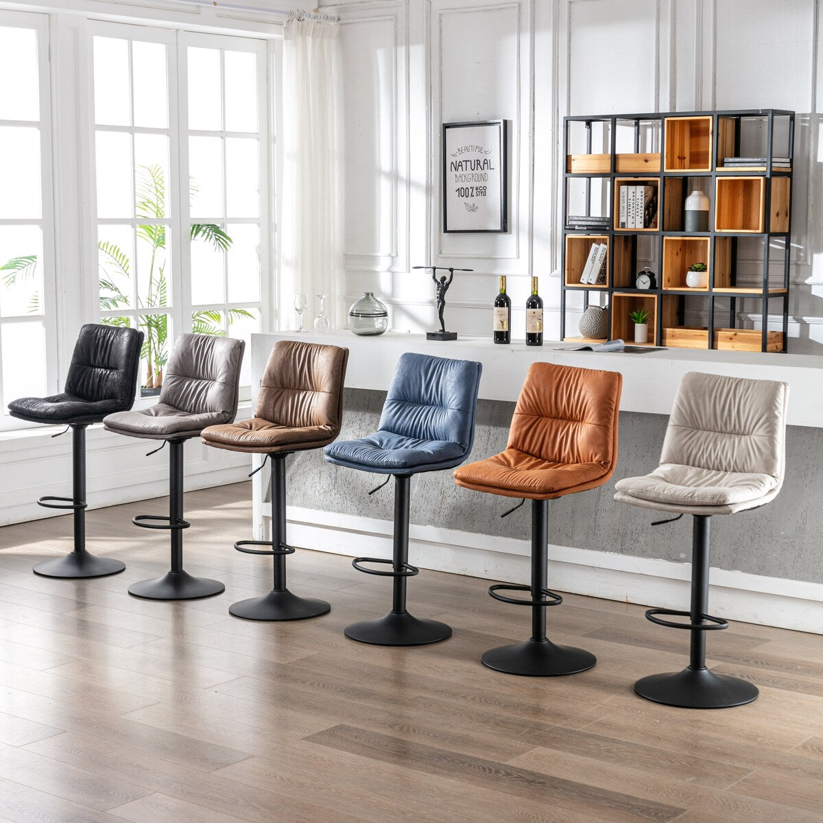 Set of 2, Hight Adjustable Upholstered Swivel Barstools with Ergonomic Backrest, Footrest and Black Metal Leg