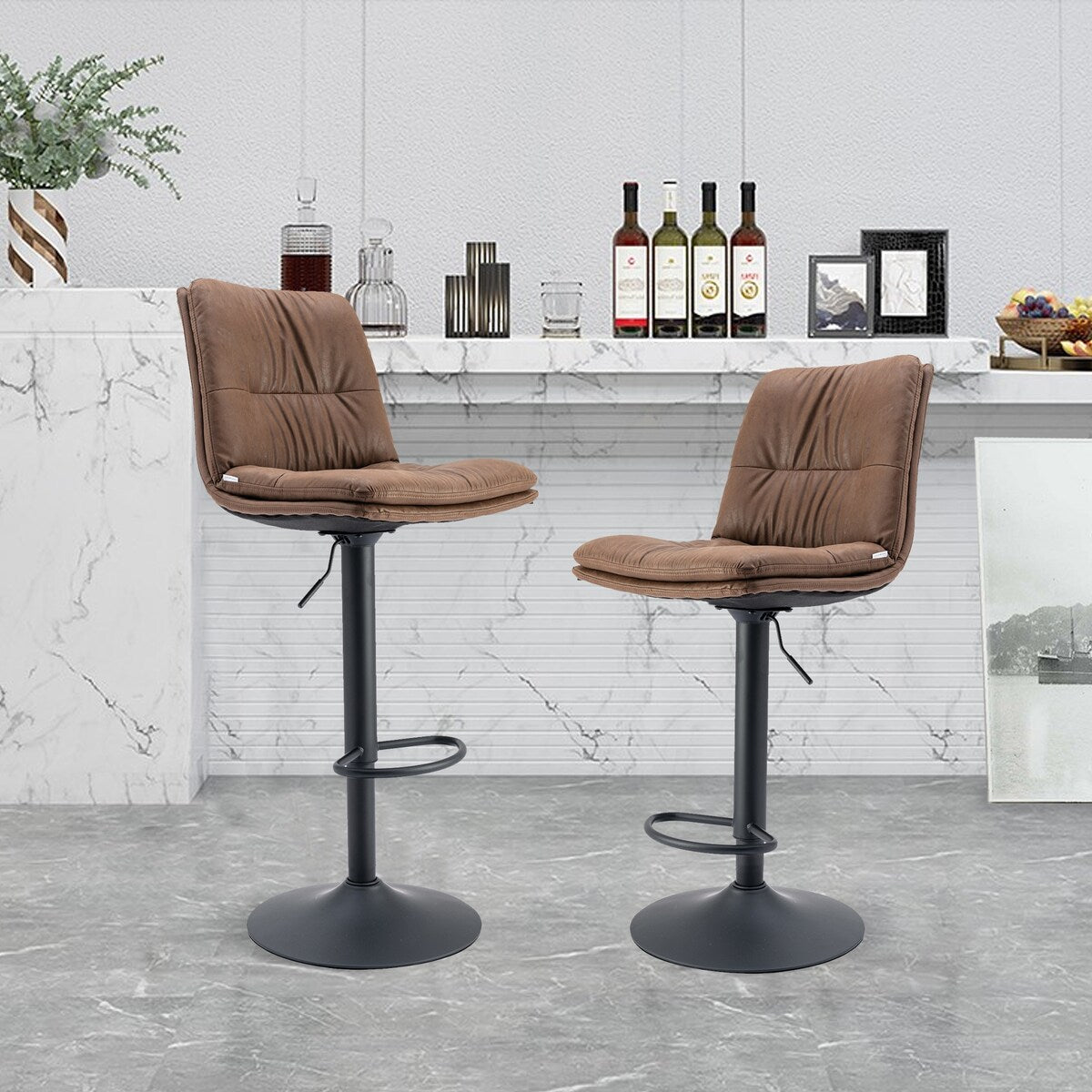 Set of 2, Hight Adjustable Upholstered Swivel Barstools with Ergonomic Backrest, Footrest and Black Metal Leg