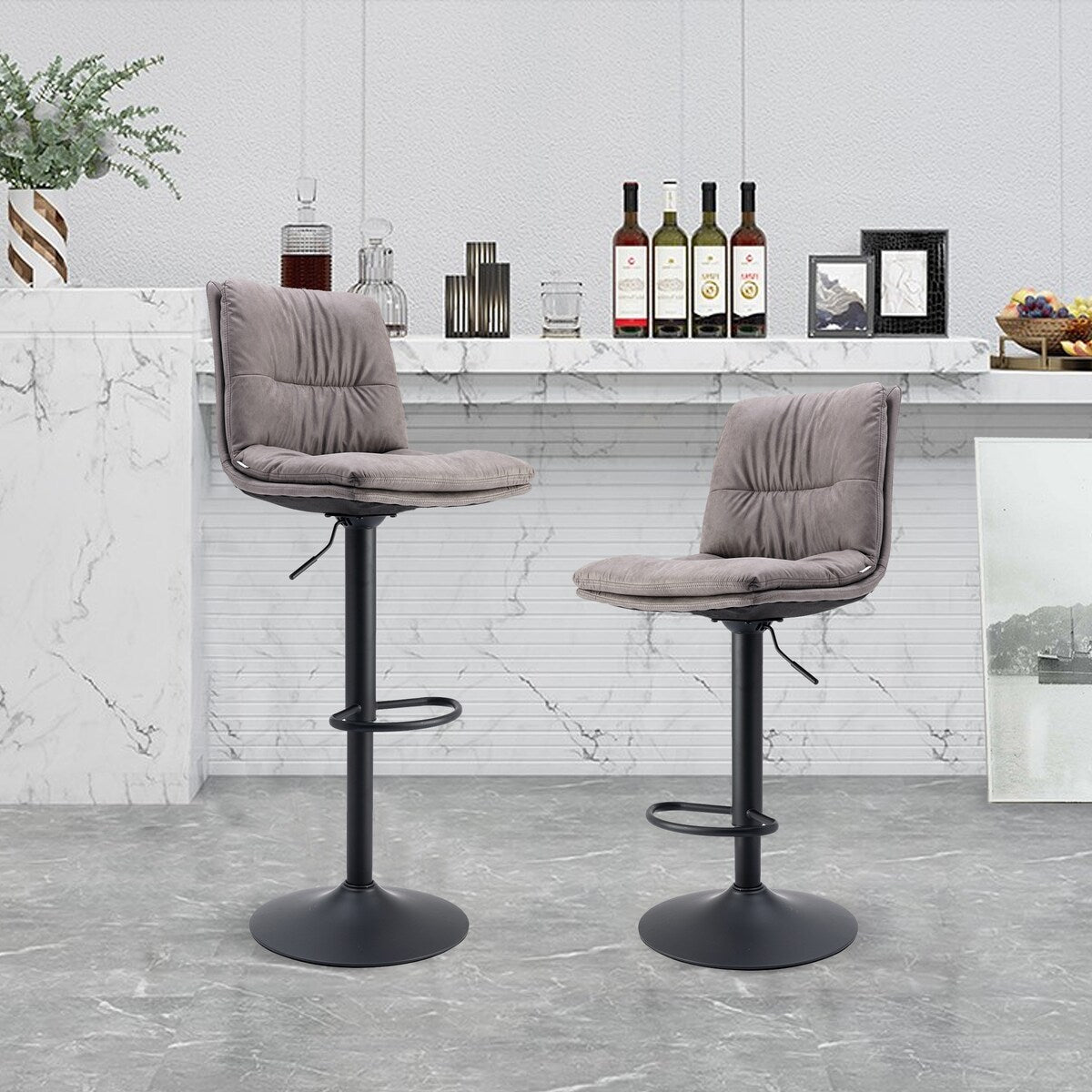 Set of 2, Hight Adjustable Upholstered Swivel Barstools with Ergonomic Backrest, Footrest and Black Metal Leg