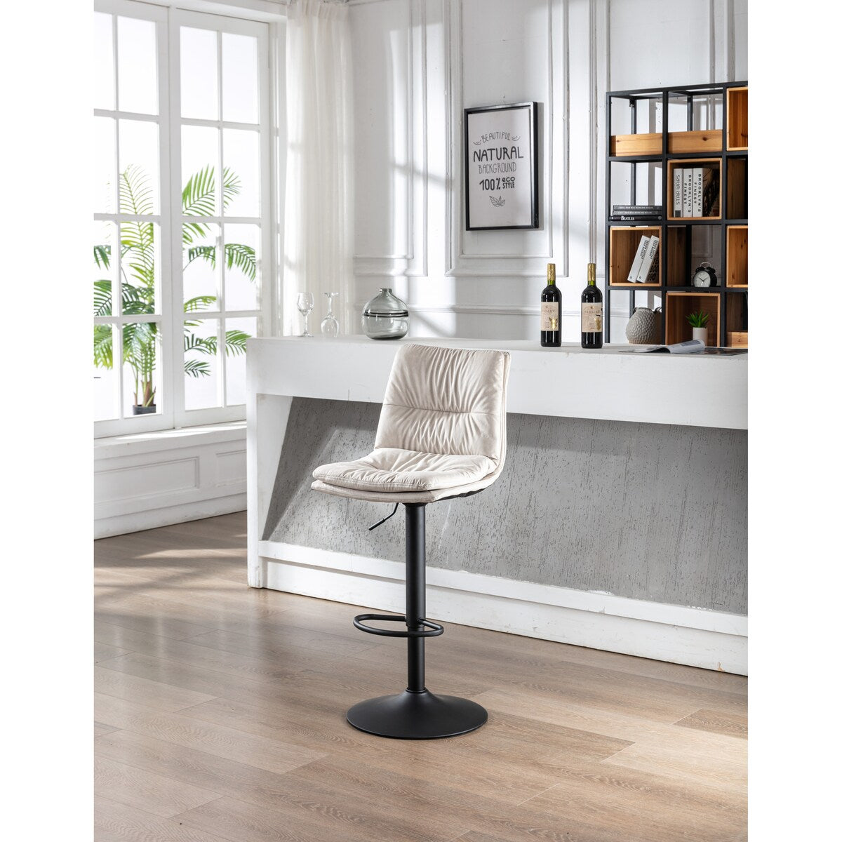 Set of 2, Hight Adjustable Upholstered Swivel Barstools with Ergonomic Backrest, Footrest and Black Metal Leg