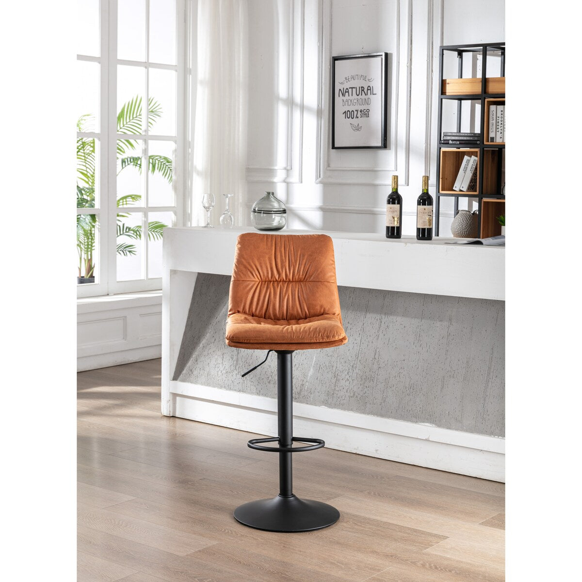 Set of 2, Hight Adjustable Upholstered Swivel Barstools with Ergonomic Backrest, Footrest and Black Metal Leg