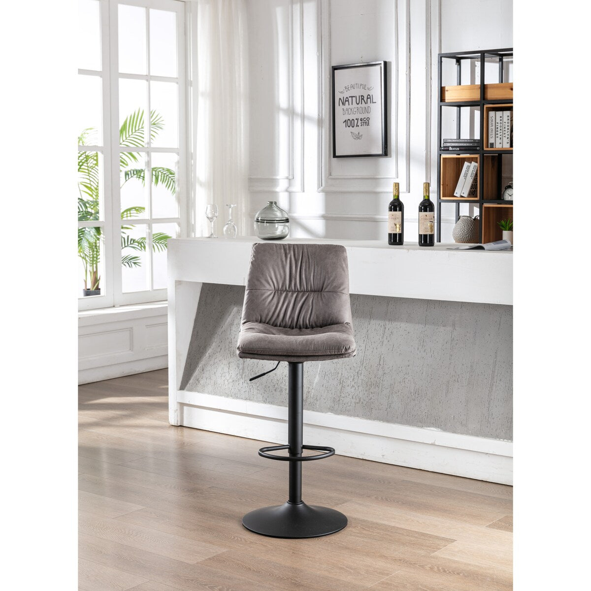 Set of 2, Hight Adjustable Upholstered Swivel Barstools with Ergonomic Backrest, Footrest and Black Metal Leg