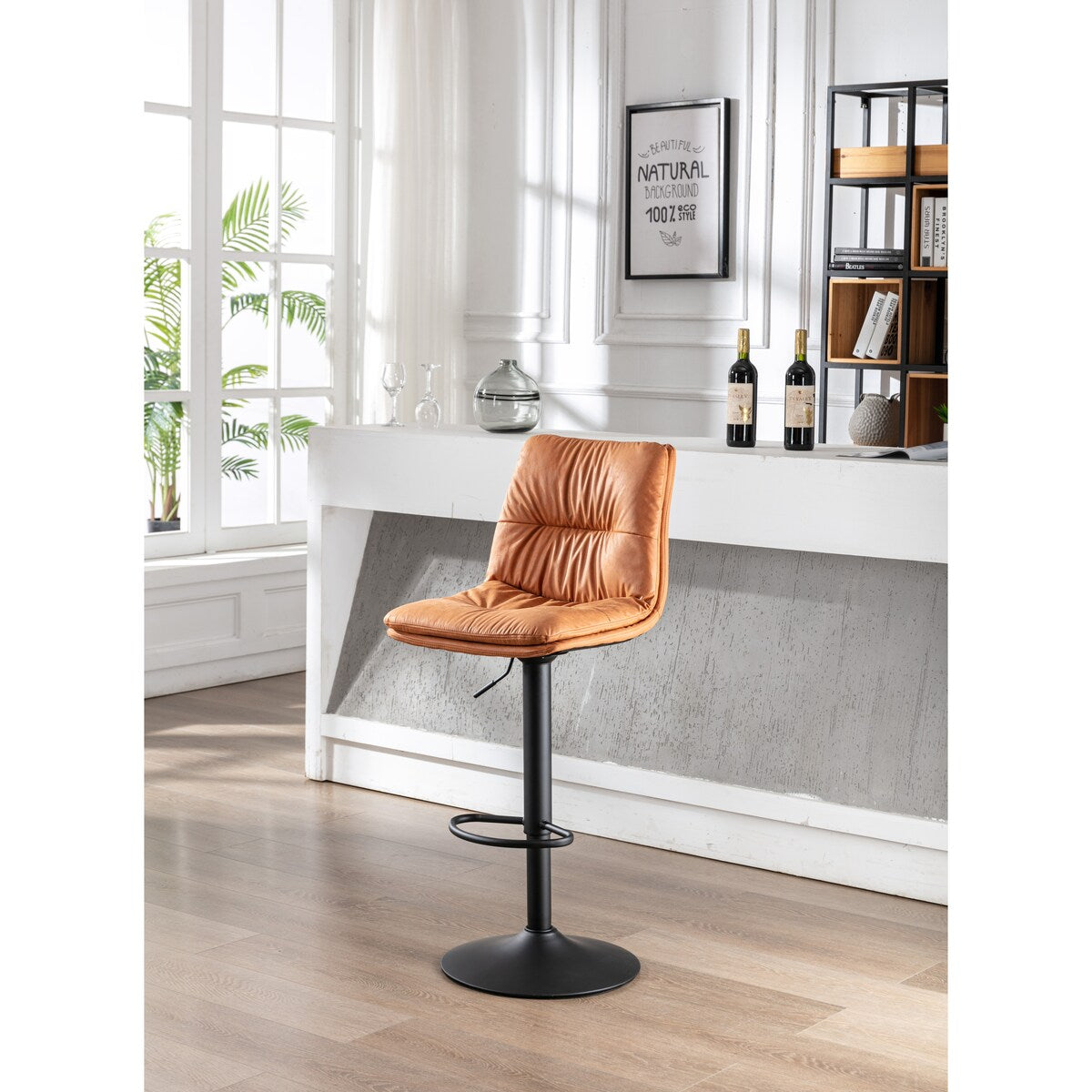 Set of 2, Hight Adjustable Upholstered Swivel Barstools with Ergonomic Backrest, Footrest and Black Metal Leg