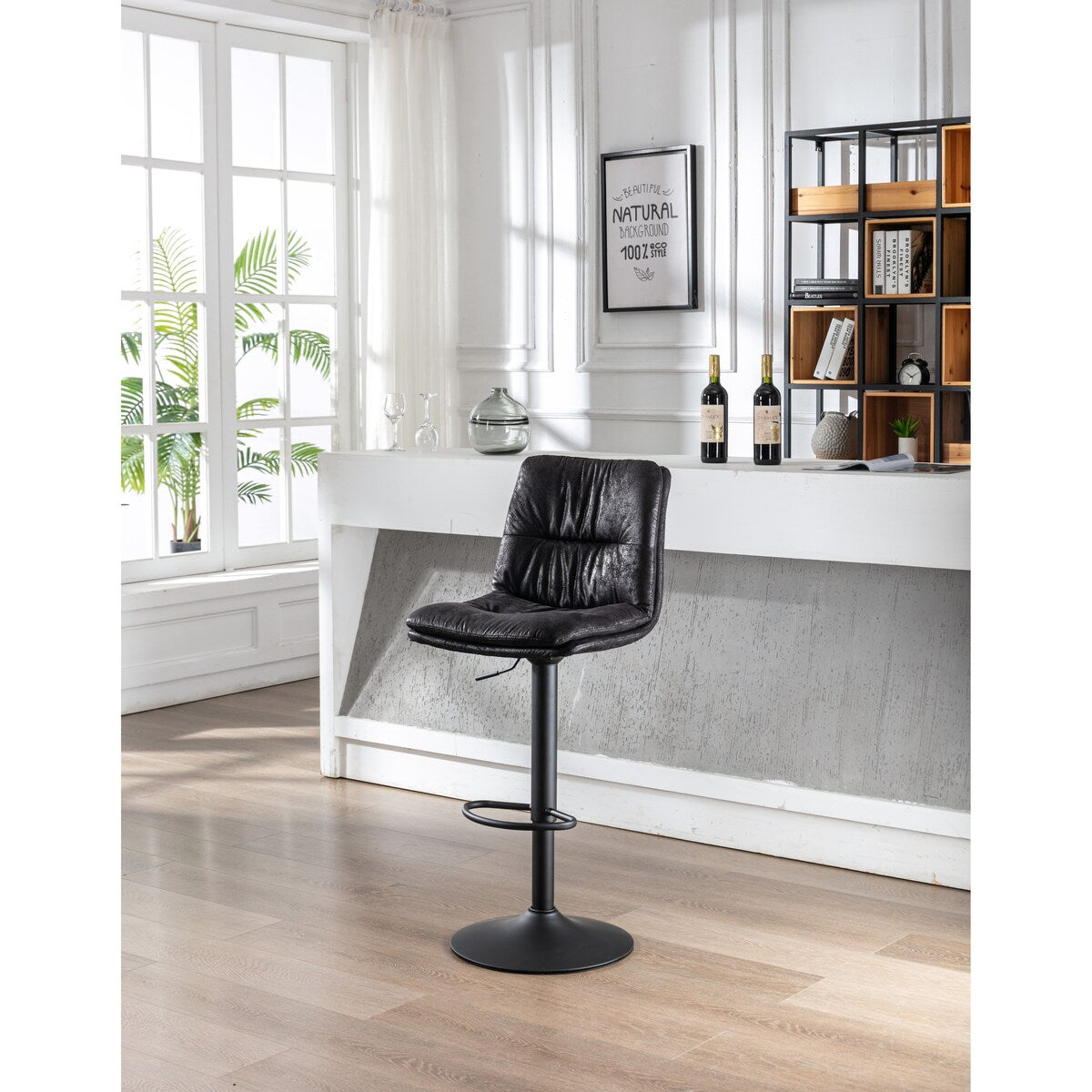 Set of 2, Hight Adjustable Upholstered Swivel Barstools with Ergonomic Backrest, Footrest and Black Metal Leg