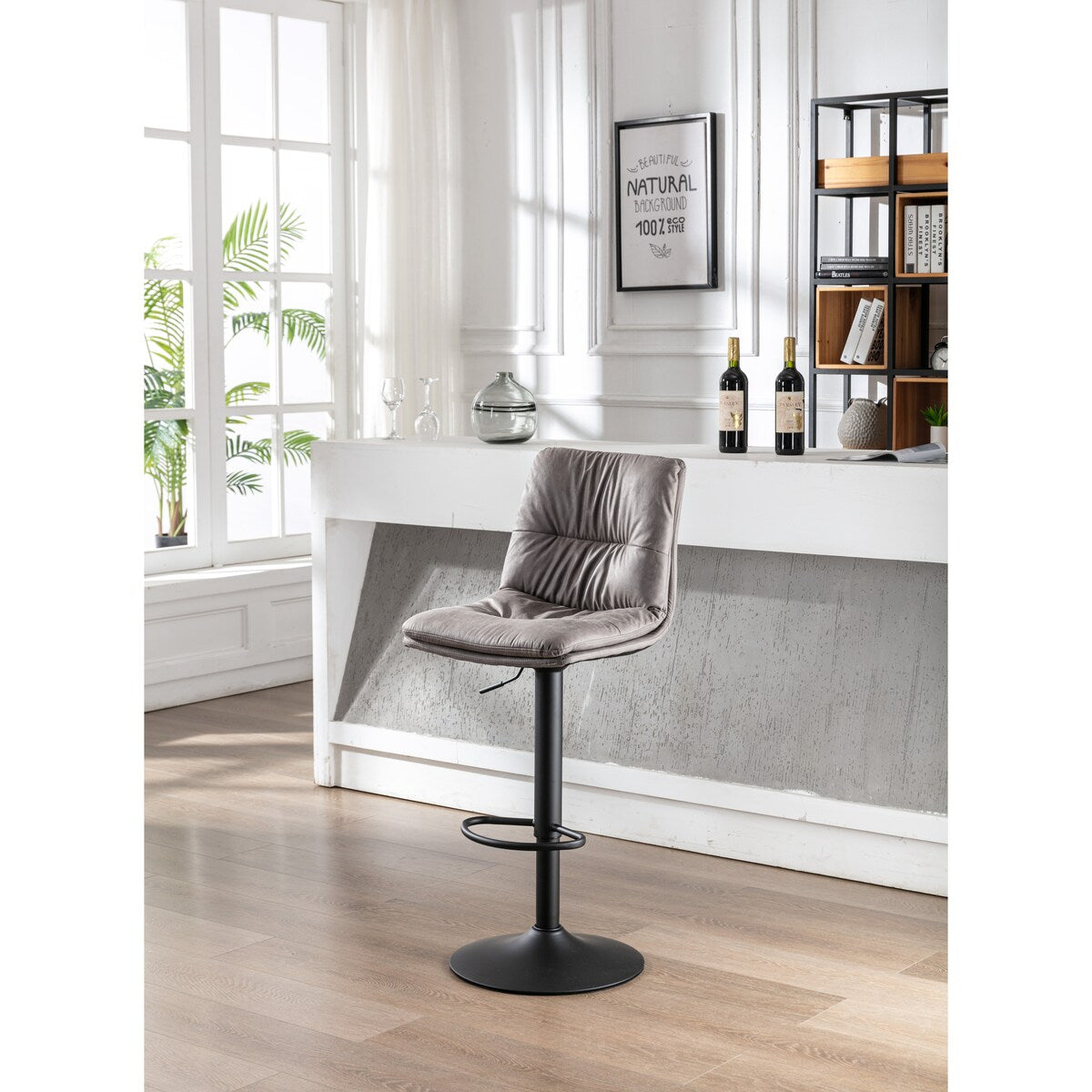 Set of 2, Hight Adjustable Upholstered Swivel Barstools with Ergonomic Backrest, Footrest and Black Metal Leg