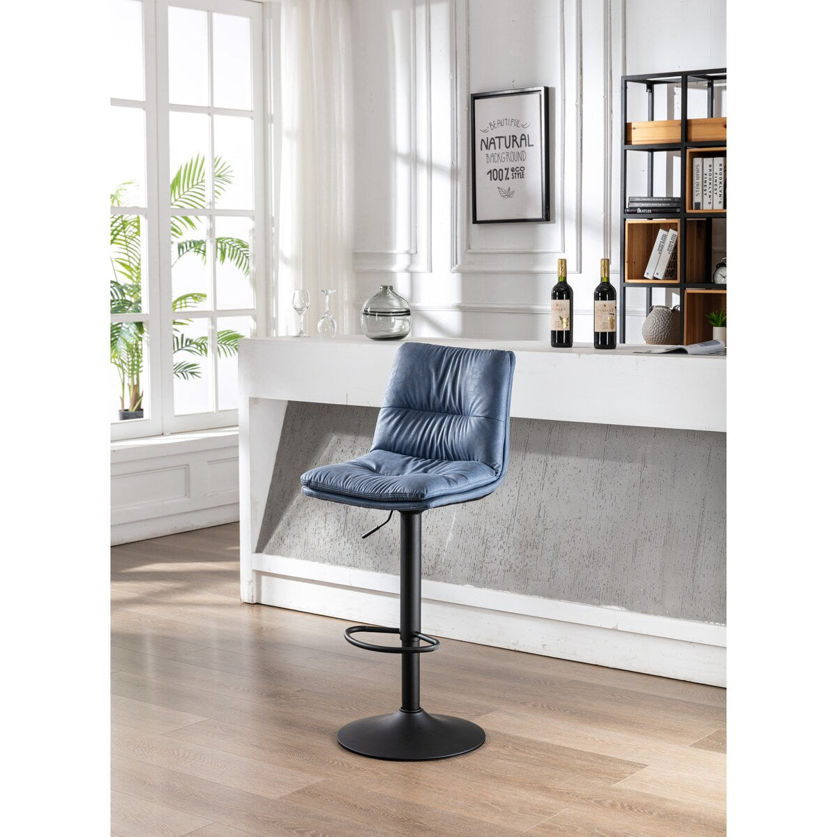 Set of 2, Hight Adjustable Upholstered Swivel Barstools with Ergonomic Backrest, Footrest and Black Metal Leg