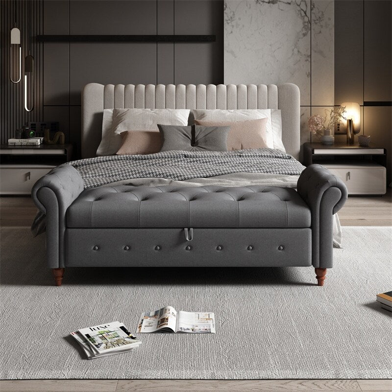 Storage Bench with Rolled Arm, Button Tufted Padded Seat and Solid Wood Frame for Living Room Bedroom