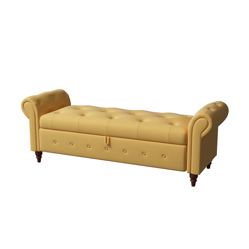 Storage Bench with Rolled Arm, Button Tufted Padded Seat and Solid Wood Frame for Living Room Bedroom