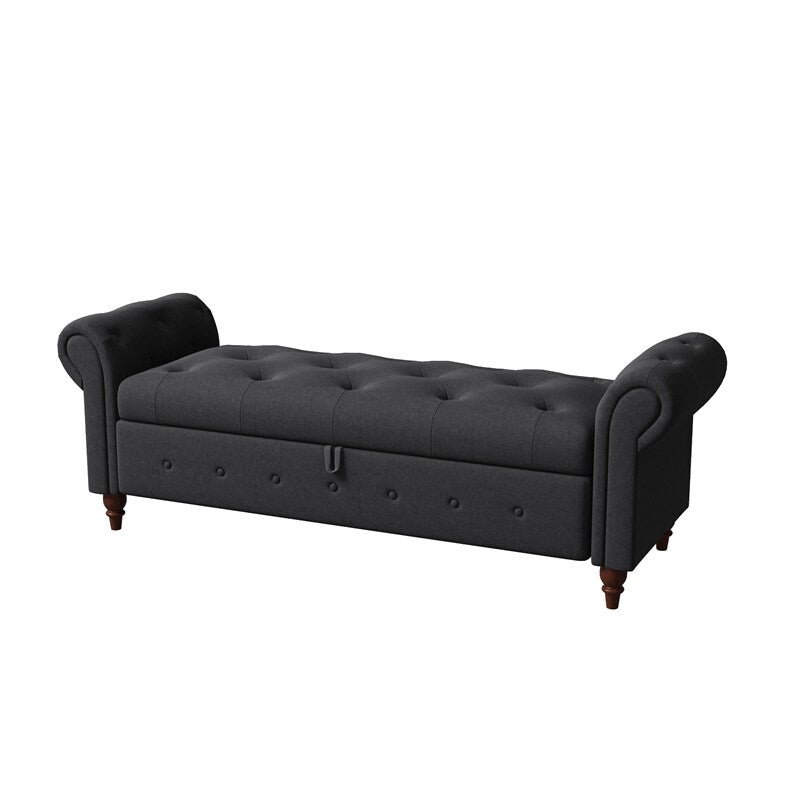 Storage Bench with Rolled Arm, Button Tufted Padded Seat and Solid Wood Frame for Living Room Bedroom