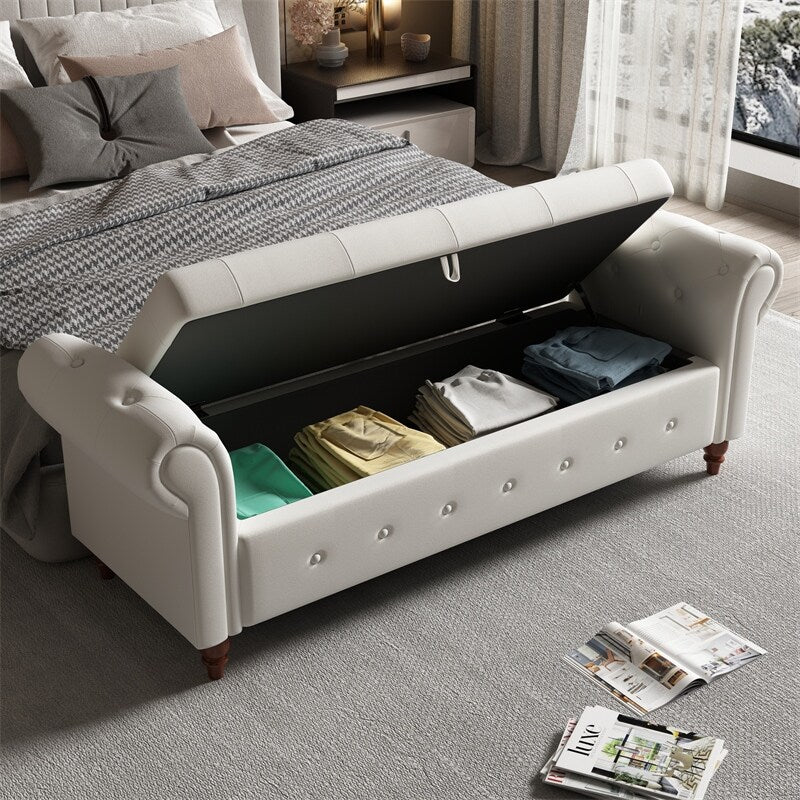 Storage Bench with Rolled Arm, Button Tufted Padded Seat and Solid Wood Frame for Living Room Bedroom