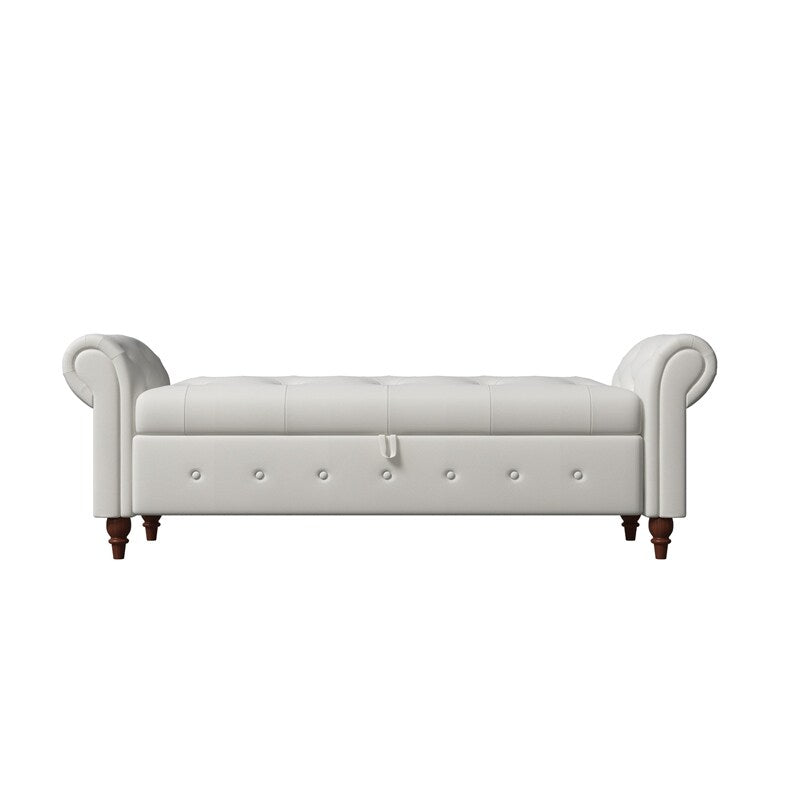 Storage Bench with Rolled Arm, Button Tufted Padded Seat and Solid Wood Frame for Living Room Bedroom
