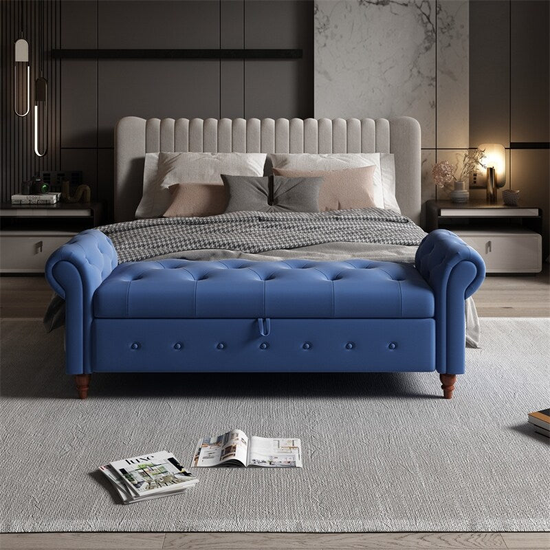 Storage Bench with Rolled Arm, Button Tufted Padded Seat and Solid Wood Frame for Living Room Bedroom