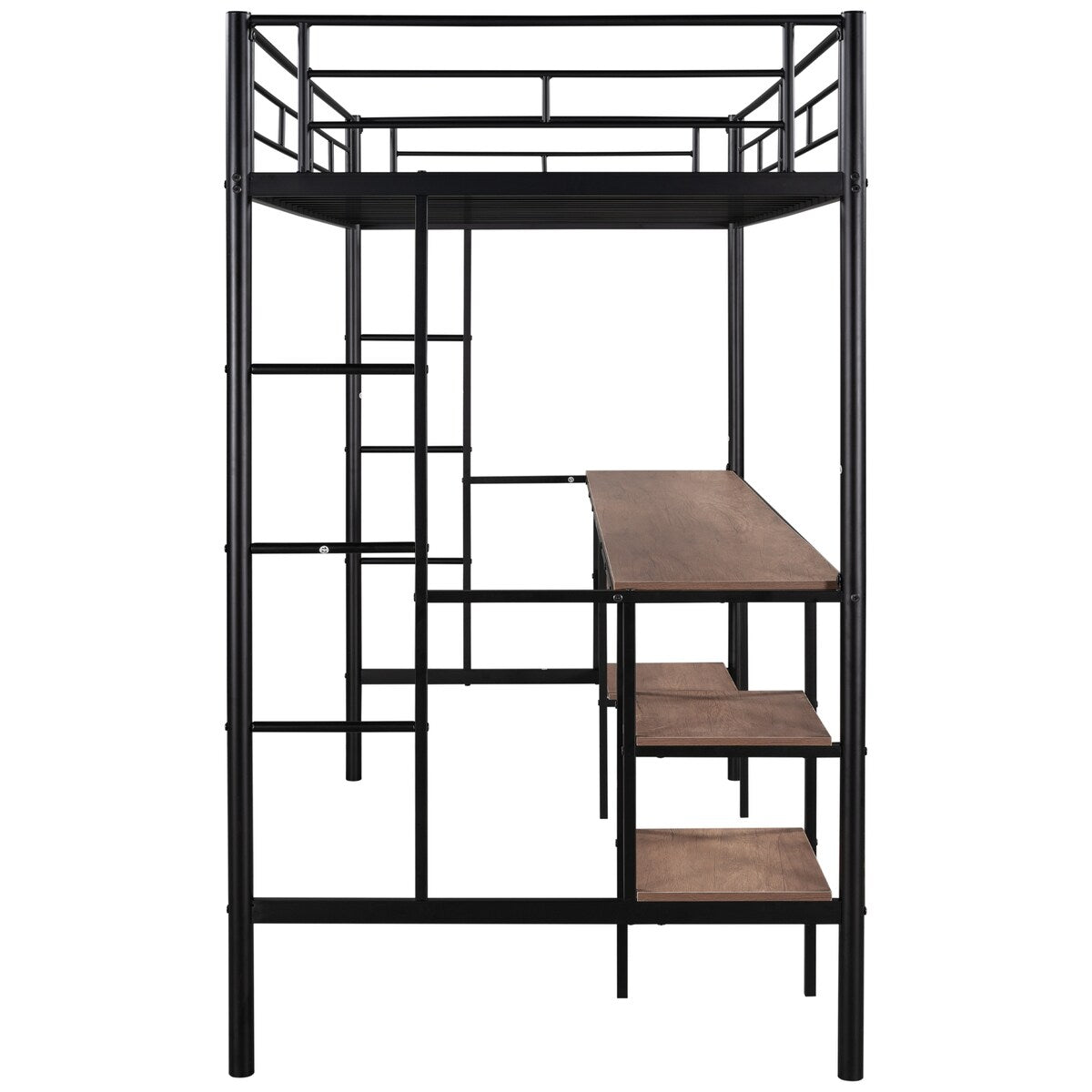 Twin Size Metal Loft Bed with Built-in Desk and Open Storage Shelves
