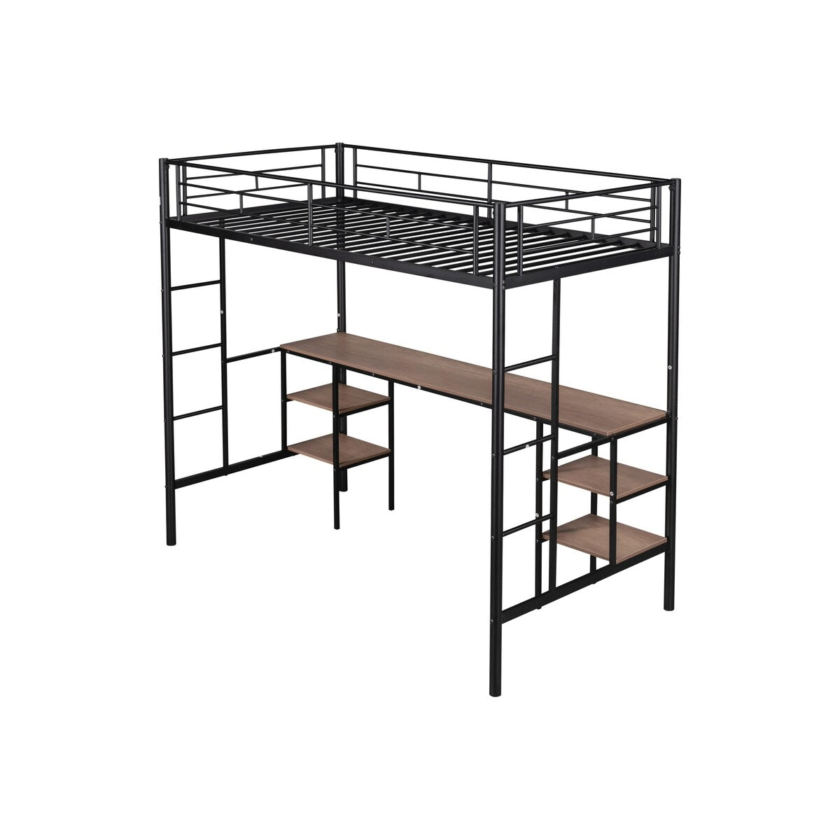 Twin Size Metal Loft Bed with Built-in Desk and Open Storage Shelves