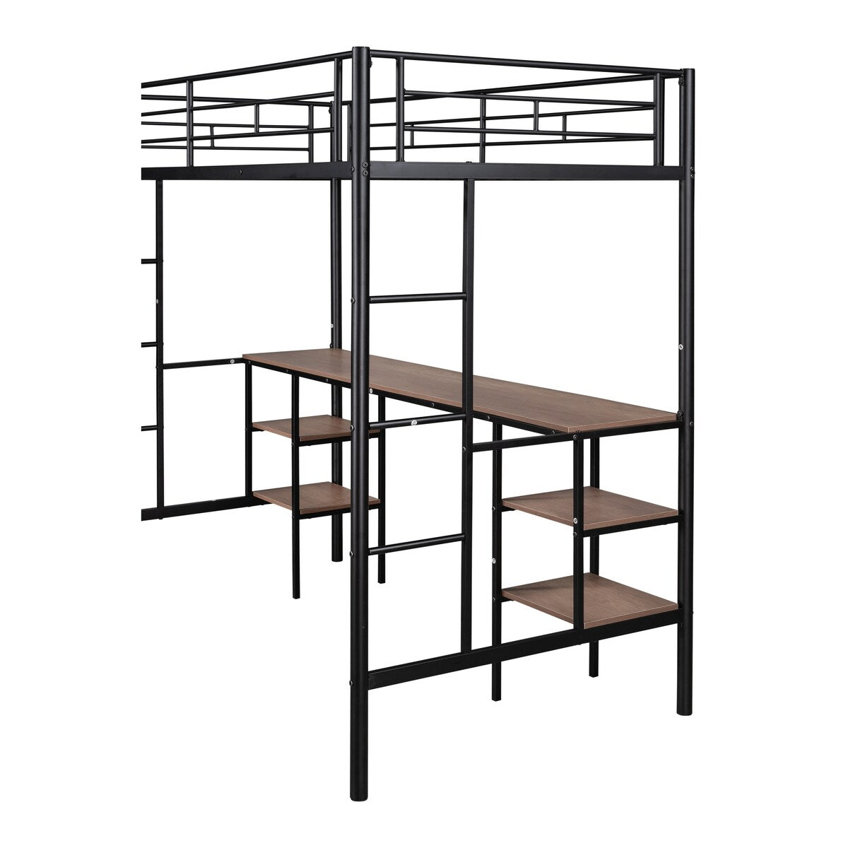 Twin Size Metal Loft Bed with Built-in Desk and Open Storage Shelves