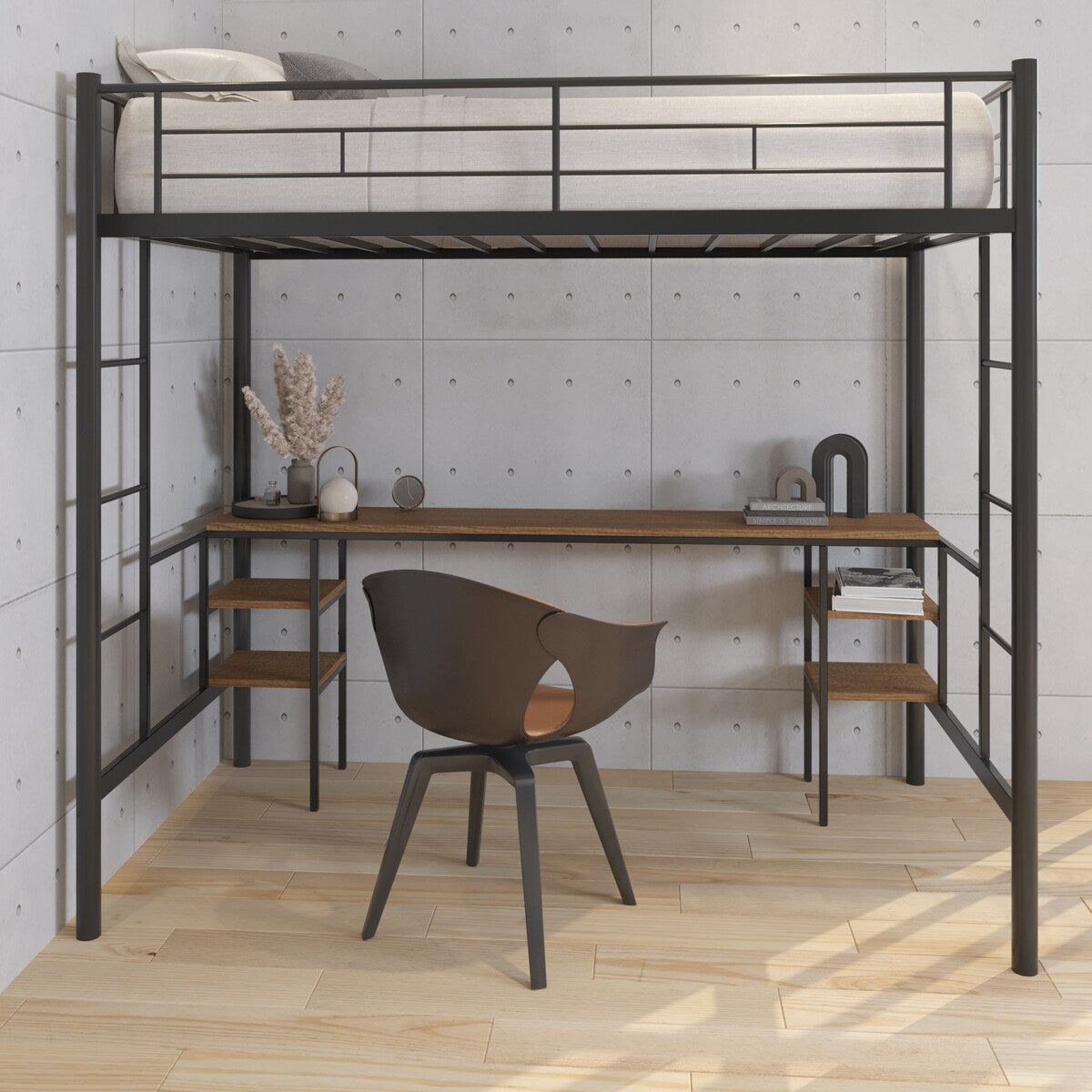 Twin Size Metal Loft Bed with Built-in Desk and Open Storage Shelves