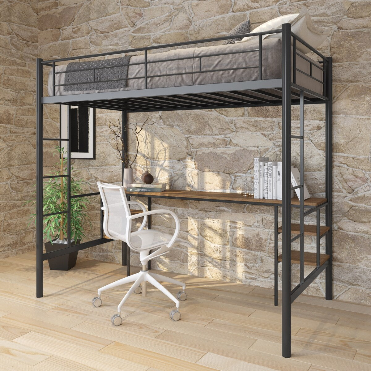 Twin Size Metal Loft Bed with Built-in Desk and Open Storage Shelves
