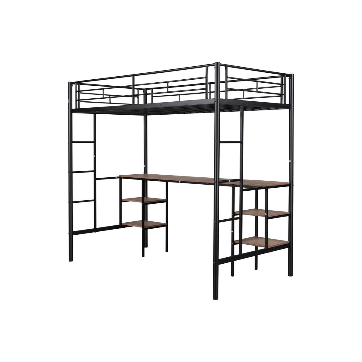 Twin Size Metal Loft Bed with Built-in Desk and Open Storage Shelves