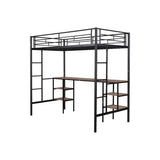 Twin Size Metal Loft Bed with Built-in Desk and Open Storage Shelves