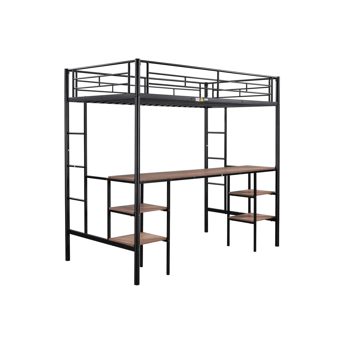 Twin Size Metal Loft Bed with Built-in Desk and Open Storage Shelves