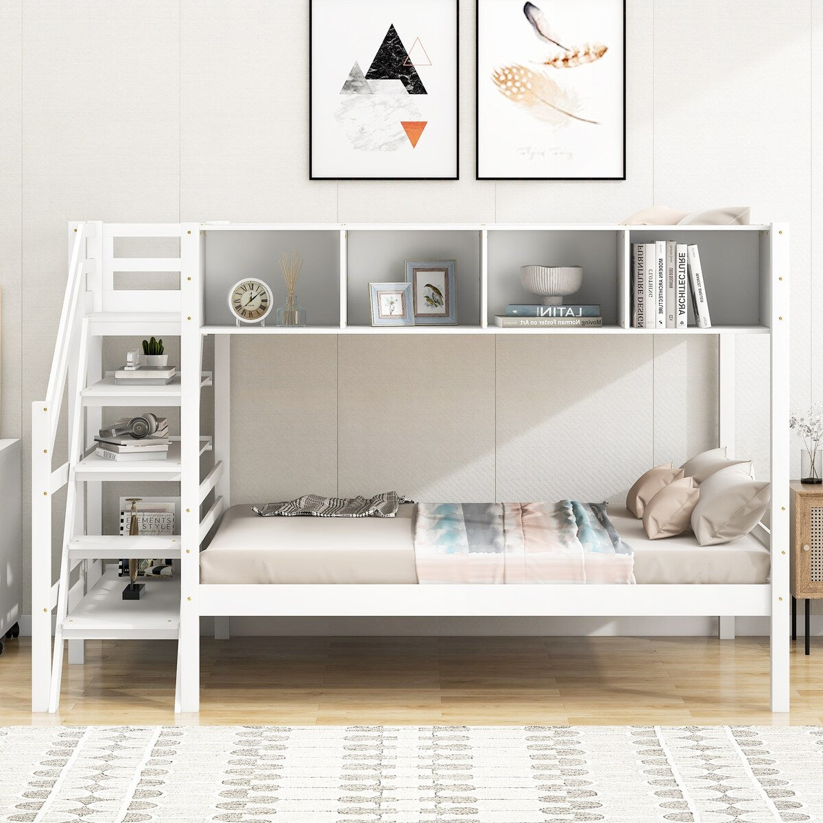 Twin over Full Bunk Bed with Staircase and Built-in Storage Cabinets