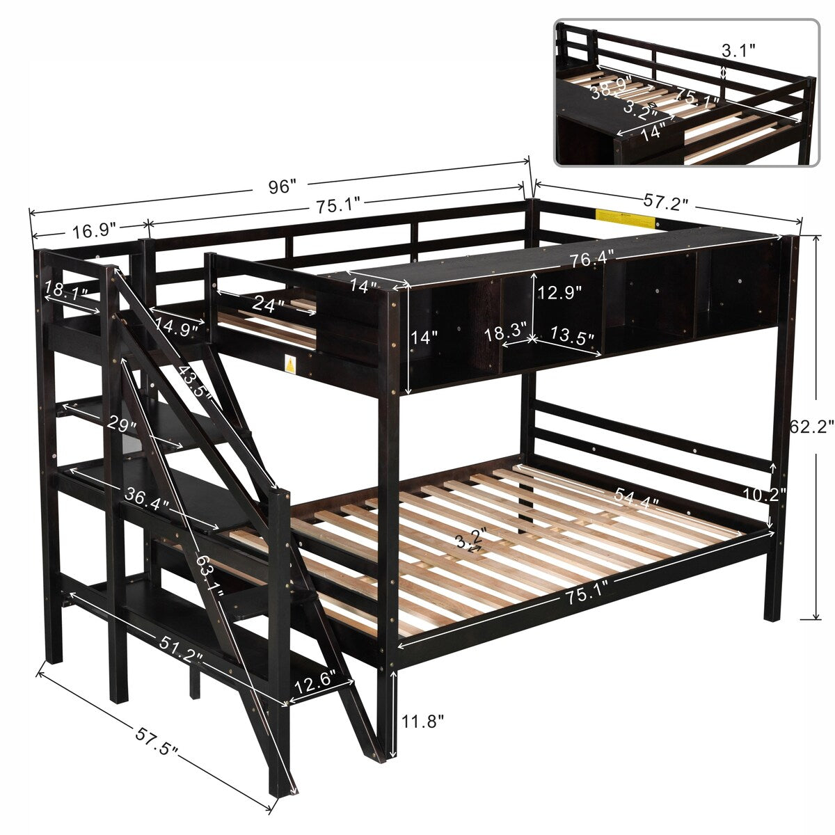 Twin over Full Bunk Bed with Staircase and Built-in Storage Cabinets