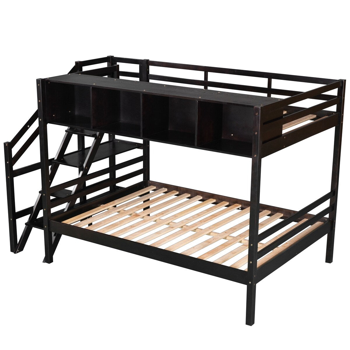 Twin over Full Bunk Bed with Staircase and Built-in Storage Cabinets
