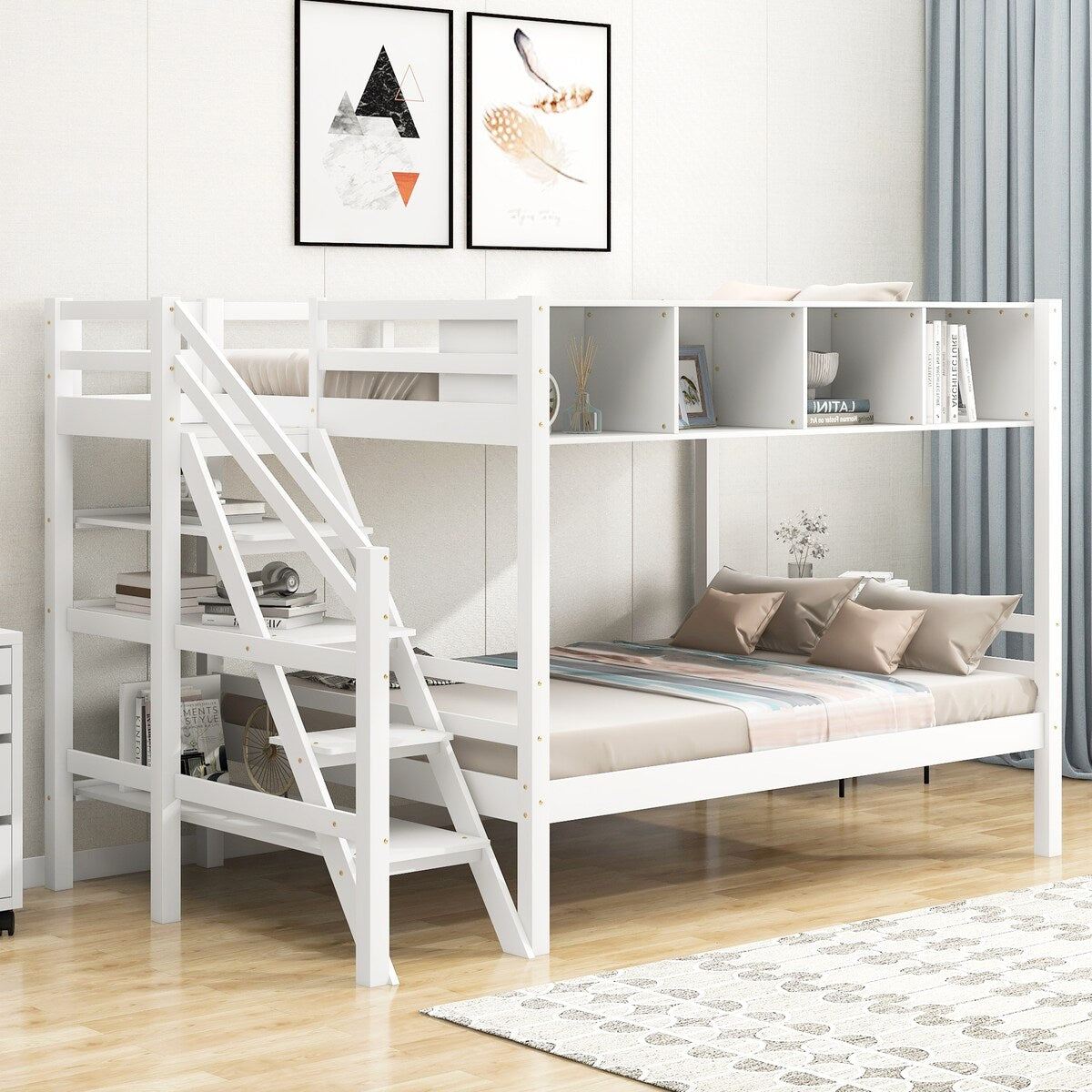 Twin over Full Bunk Bed with Staircase and Built-in Storage Cabinets