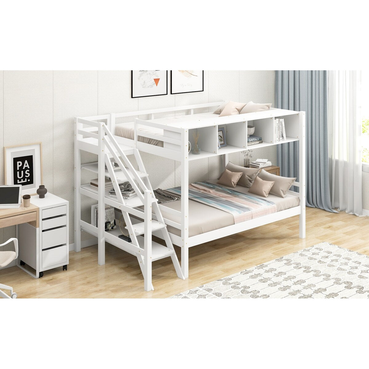 Twin over Full Bunk Bed with Staircase and Built-in Storage Cabinets
