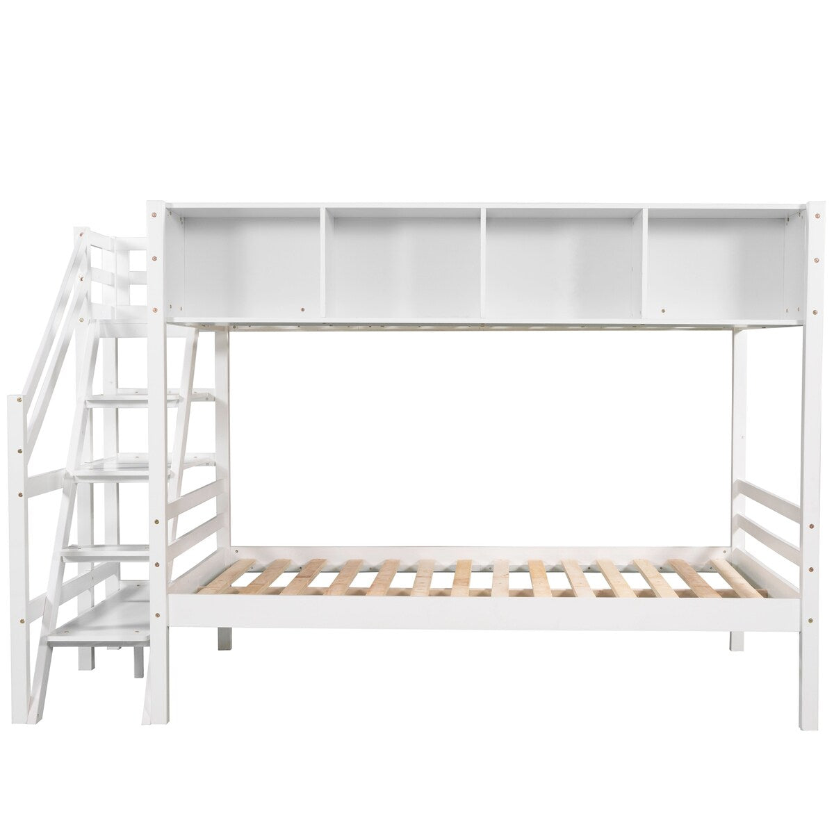 Twin over Full Bunk Bed with Staircase and Built-in Storage Cabinets