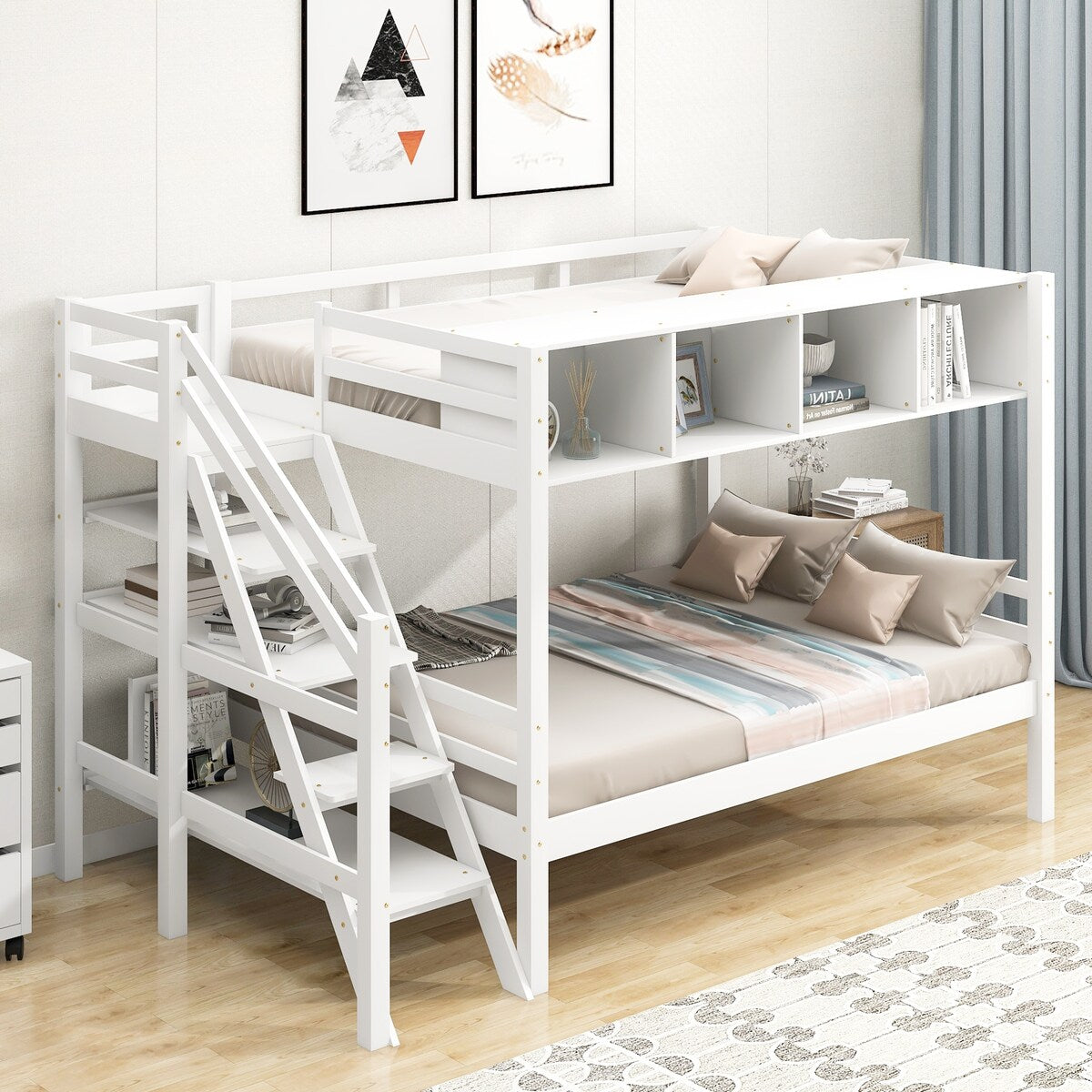 Twin over Full Bunk Bed with Staircase and Built-in Storage Cabinets