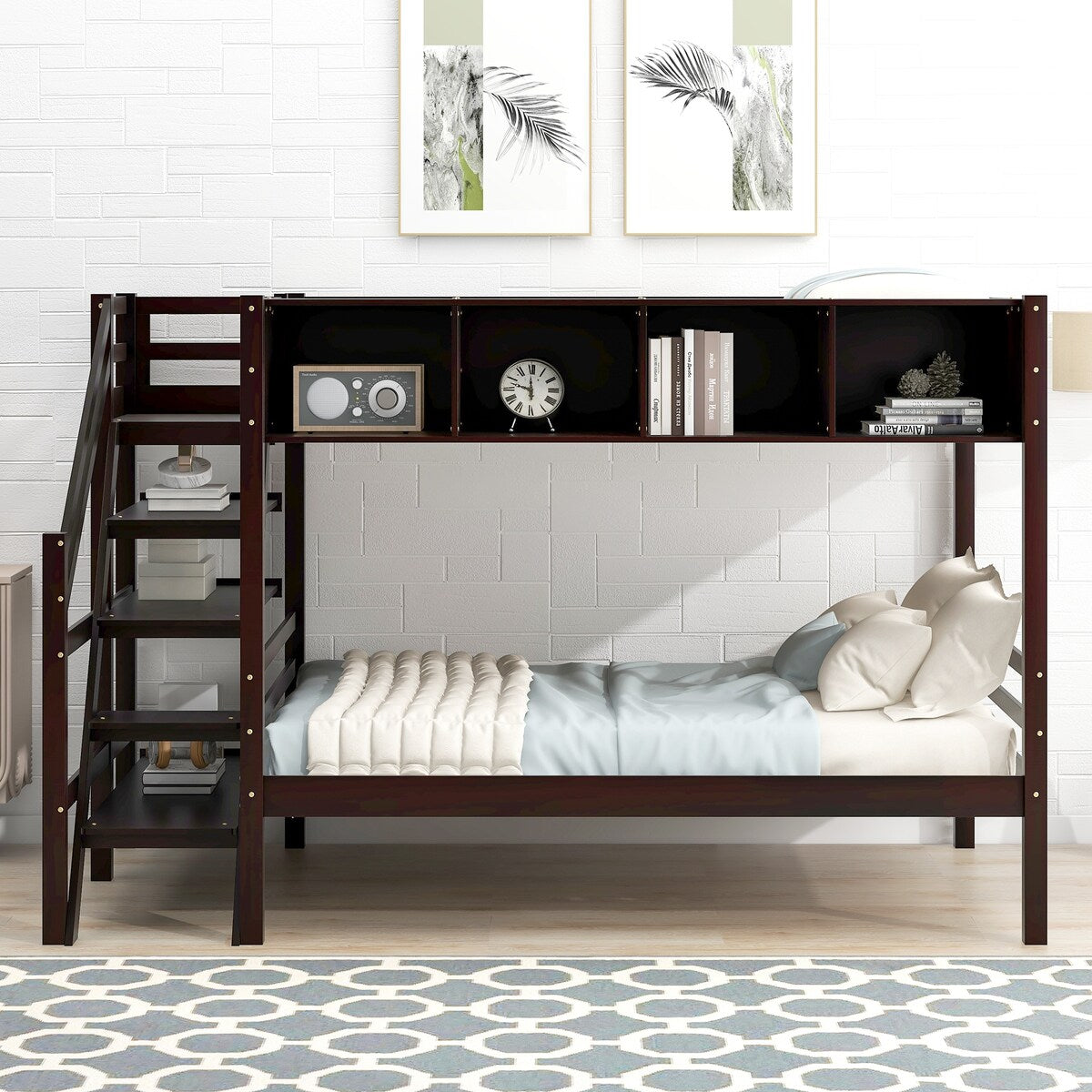 Twin over Full Bunk Bed with Staircase and Built-in Storage Cabinets