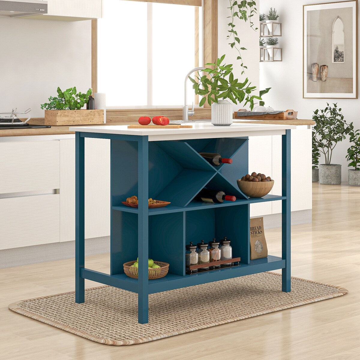 Wood Counter Height Kitchen Island Dining Table with Shelves and Wine Rack