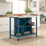 Wood Counter Height Kitchen Island Dining Table with Shelves and Wine Rack