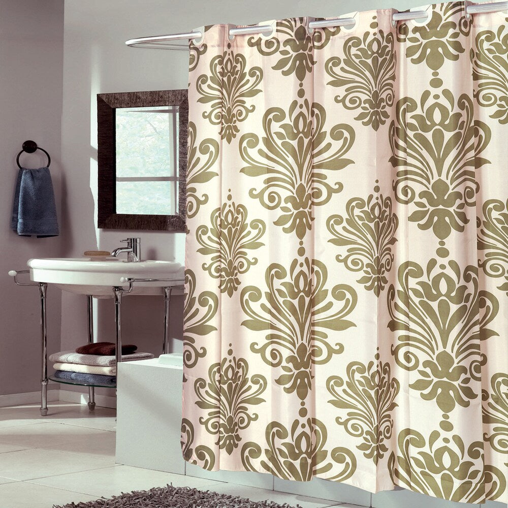 EZ On Fleur De Lis Fabric With Built in Hooks Sage Shower Curtain
