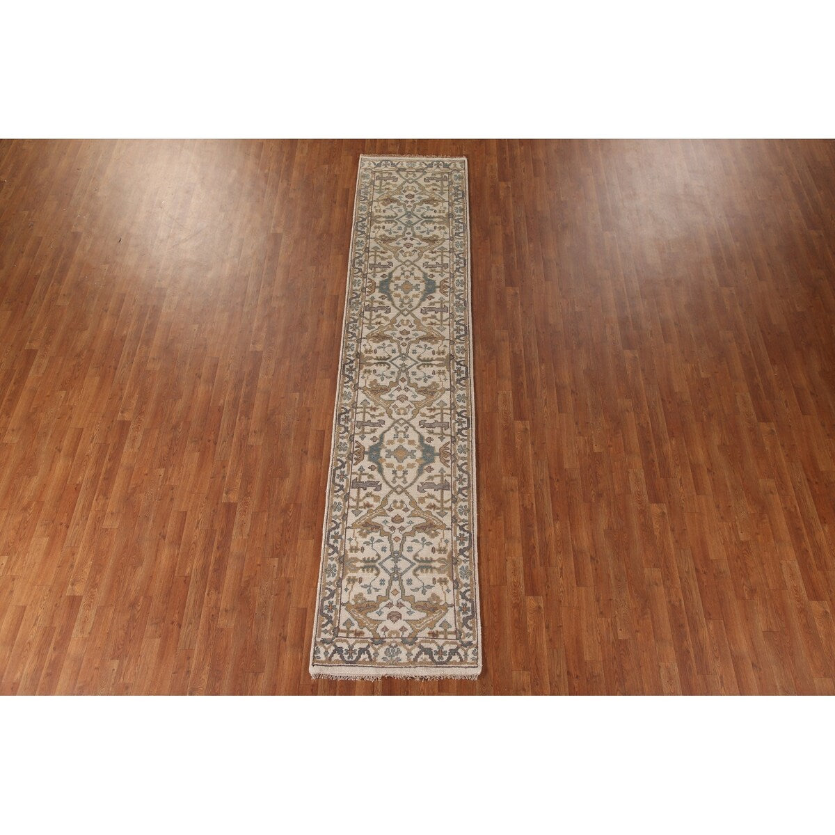 Earth Tone Transitional Oushak Runner Rug Hand-Knotted Wool Carpet - 2'7"x 11'10"