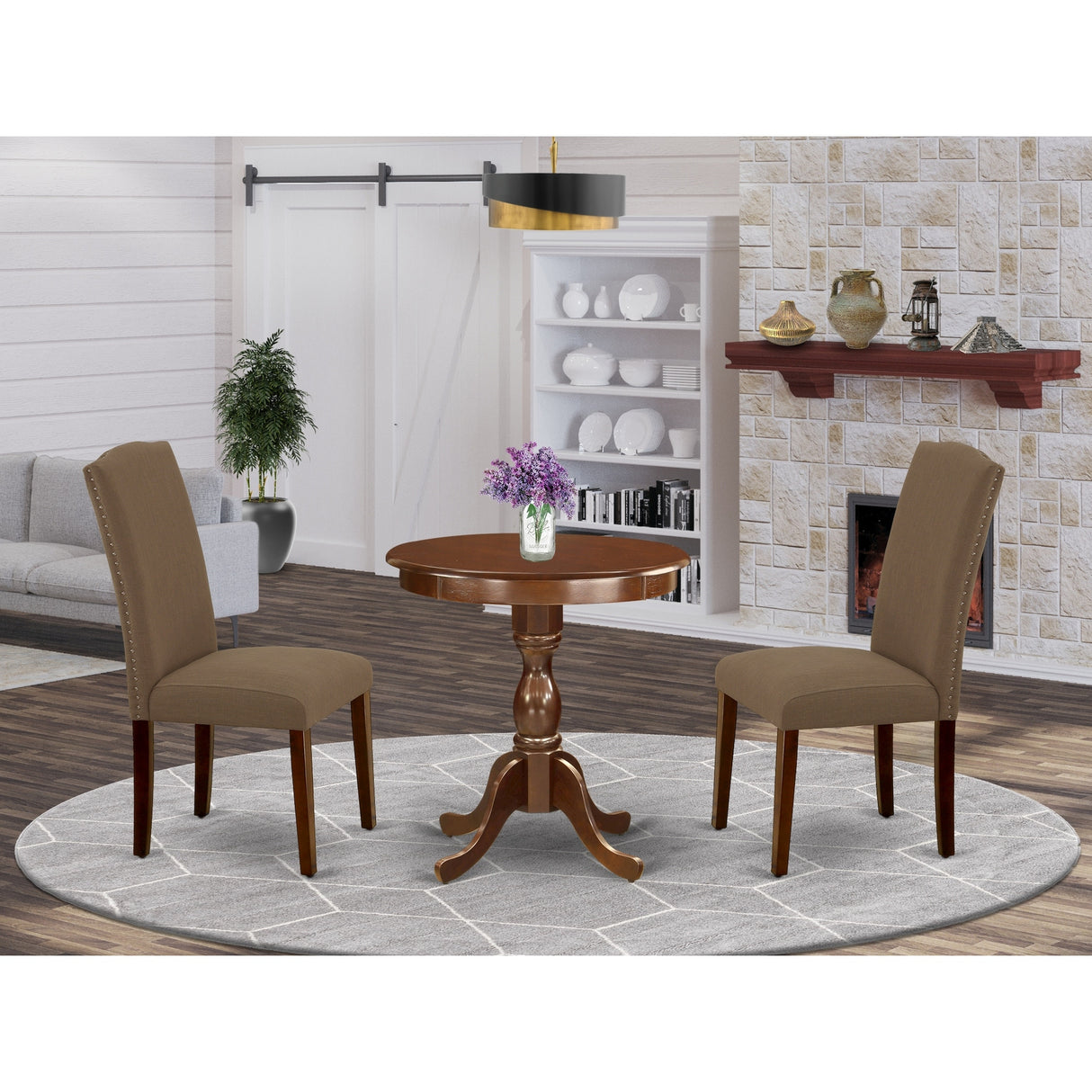 East West Furniture 3 Piece Kitchen Table Set - a Round Dining Table and 2 Upholstered Chairs, (Finish Options)