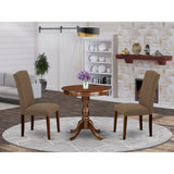 East West Furniture 3 Piece Kitchen Table Set - a Round Dining Table and 2 Upholstered Chairs, (Finish Options)