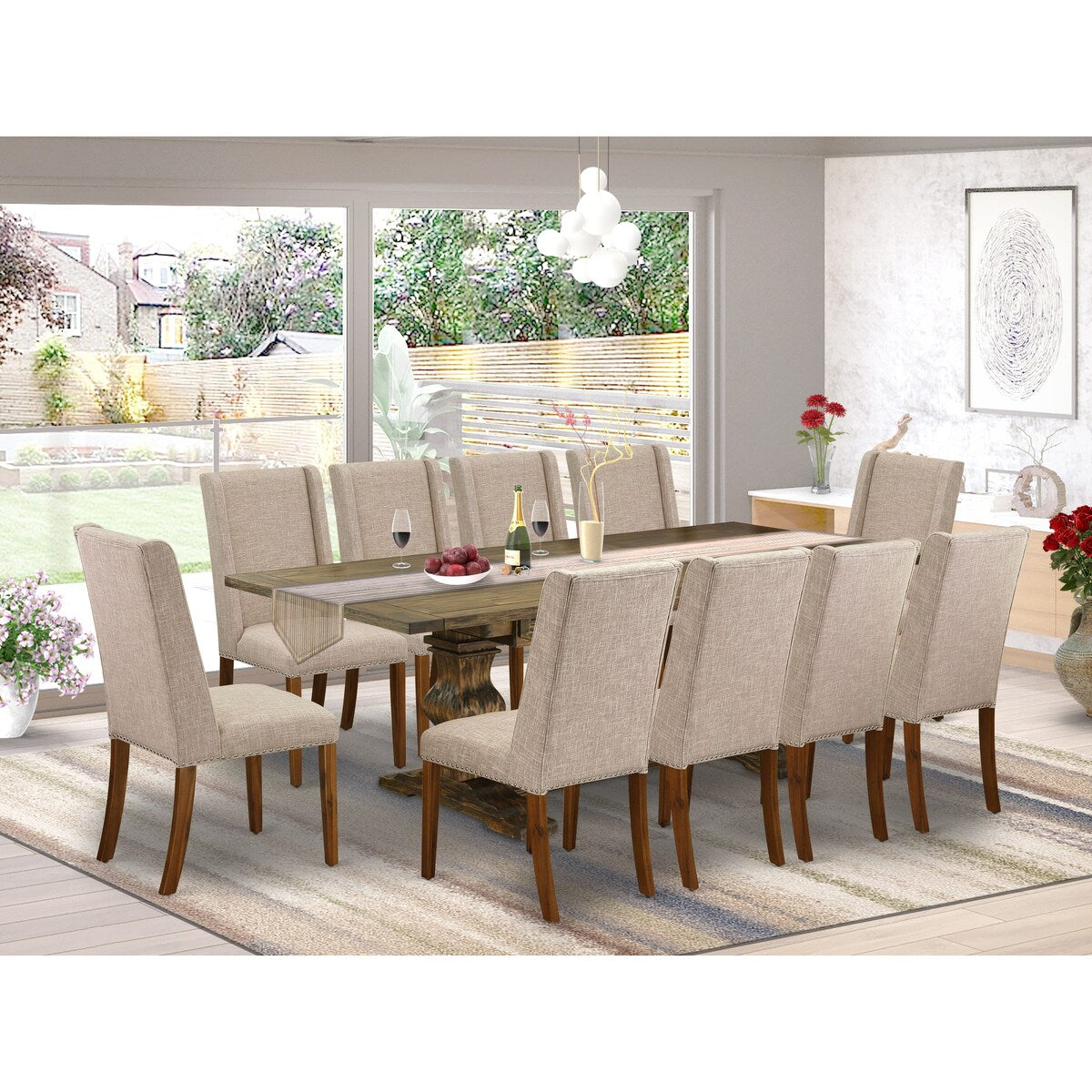 East West Furniture 11 Piece Dining Table Set Includes a Table and 10 Linen Fabric Chairs(Finish Options)