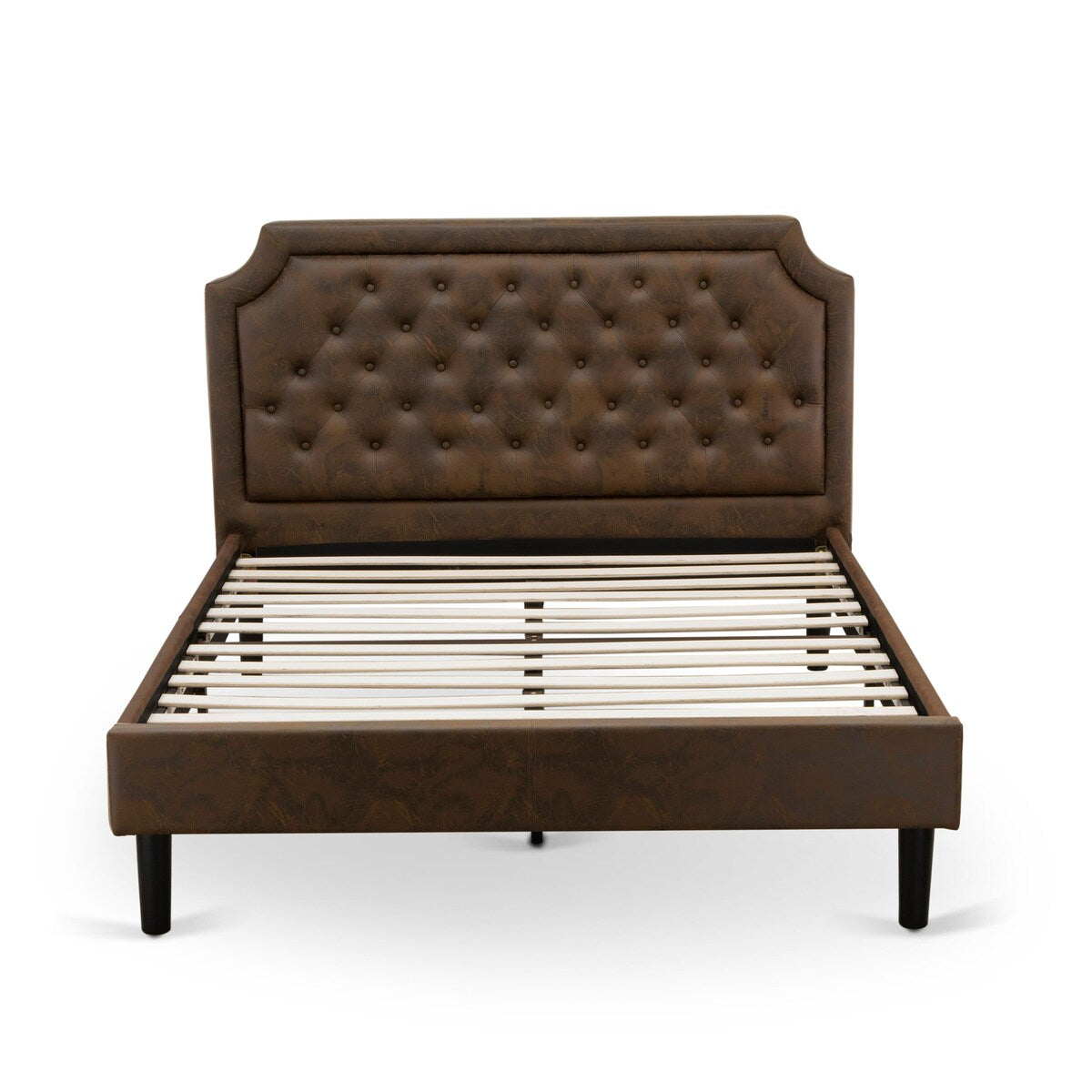 East West Furniture 3-Pc Bed Set with Frame and 2 Distressed Jacobean Modern Nightstands - Dark Brown Pu leather and Black Legs