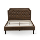 East West Furniture 3-Pc Bed Set with Frame and 2 Distressed Jacobean Modern Nightstands - Dark Brown Pu leather and Black Legs