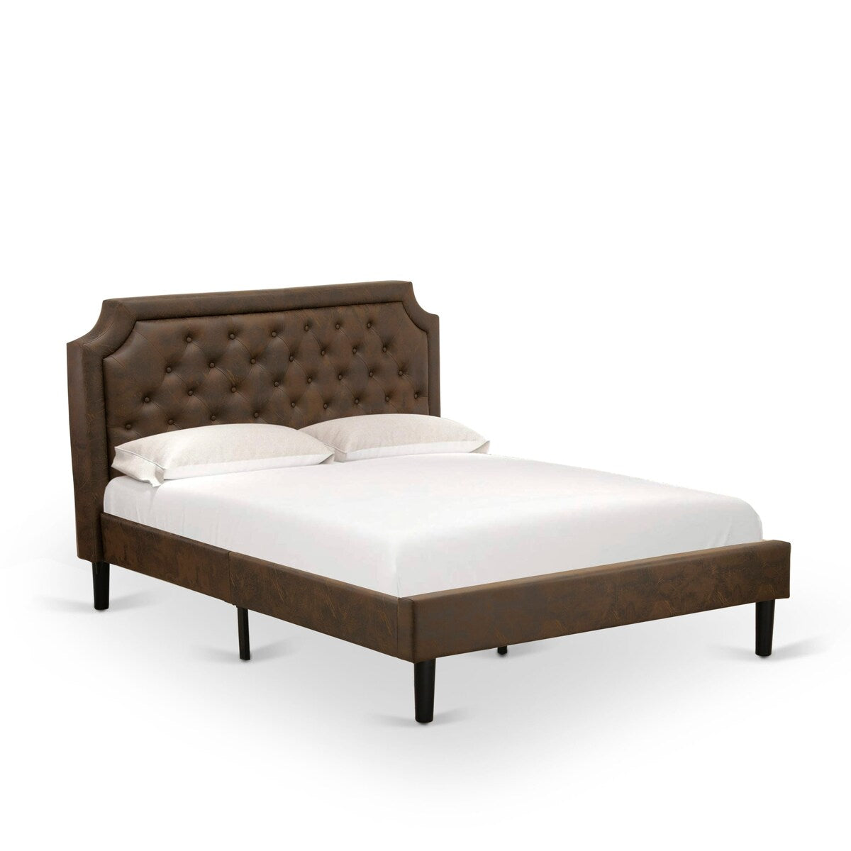 East West Furniture 3-Pc Bed Set with Frame and 2 Distressed Jacobean Modern Nightstands - Dark Brown Pu leather and Black Legs