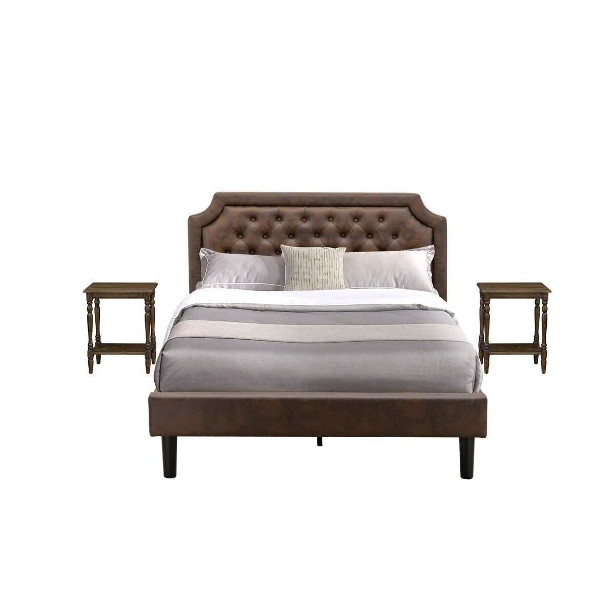 East West Furniture 3-Pc Bed Set with Frame and 2 Distressed Jacobean Modern Nightstands - Dark Brown Pu leather and Black Legs