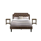East West Furniture 3-Pc Bed Set with Frame and 2 Distressed Jacobean Modern Nightstands - Dark Brown Pu leather and Black Legs