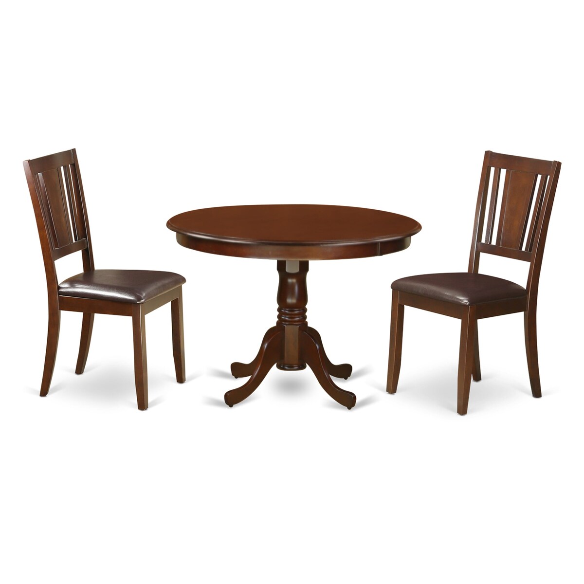 East West Furniture 3 Piece Dining Set- a Dining Table with Pedestal and 2 Chairs, Mahogany(Seat Type Options)