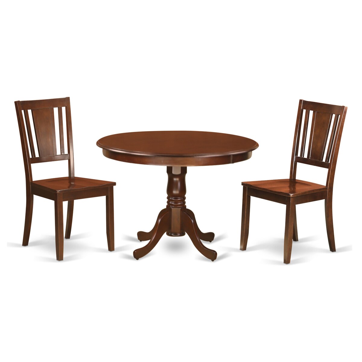 East West Furniture 3 Piece Dining Set- a Dining Table with Pedestal and 2 Chairs, Mahogany(Seat Type Options)