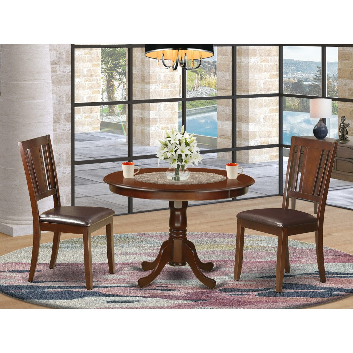 East West Furniture 3 Piece Dining Set- a Dining Table with Pedestal and 2 Chairs, Mahogany(Seat Type Options)