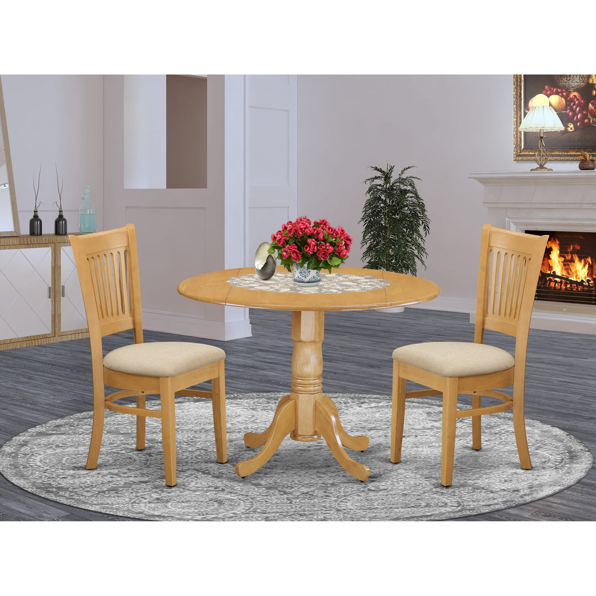 East West Furniture 3 Piece Dining Set- a Round Dining Room Table and 2 Chairs, Oak(Seat Type Options)